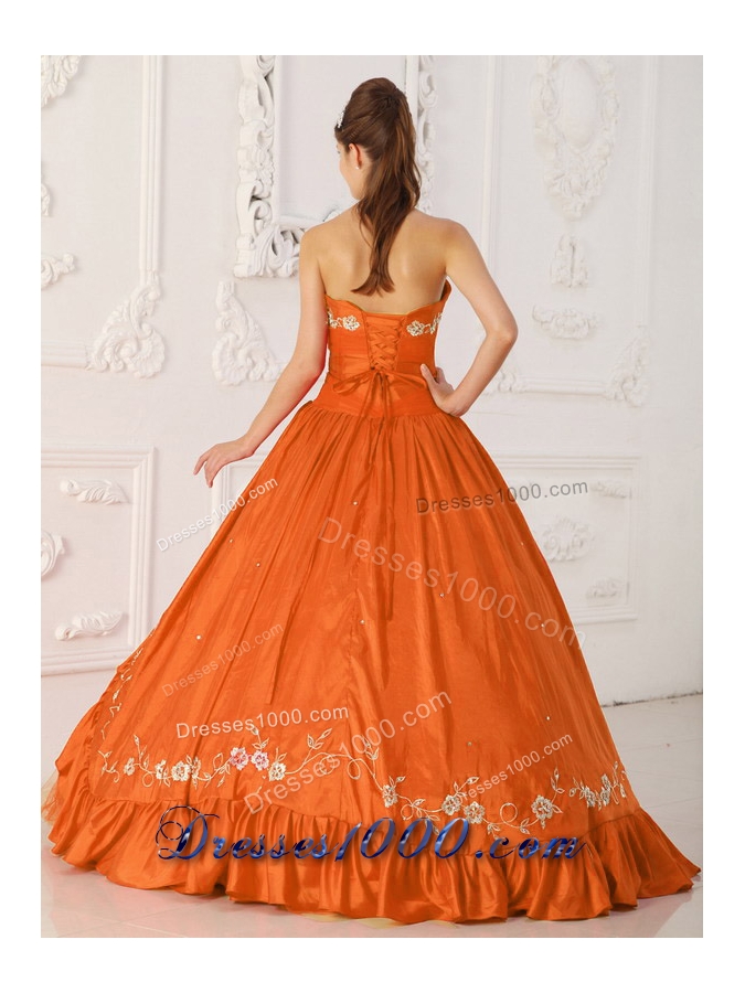 Princess Sweetheart Embroidery and Beading for Orange Red Quinceanera Dress