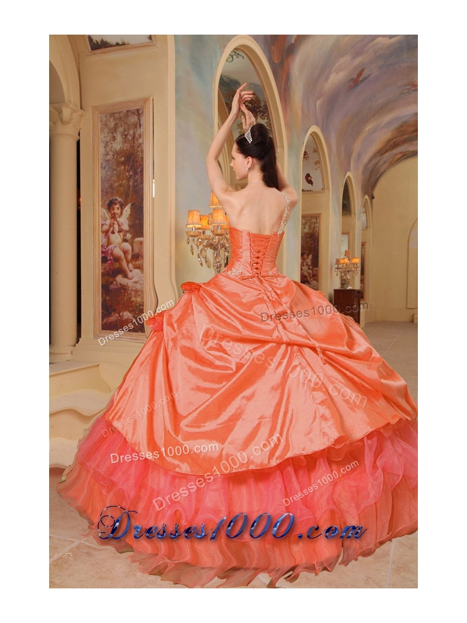 Puffy Appliqued One Shoulder Orange Red Sweet 16 Dresses