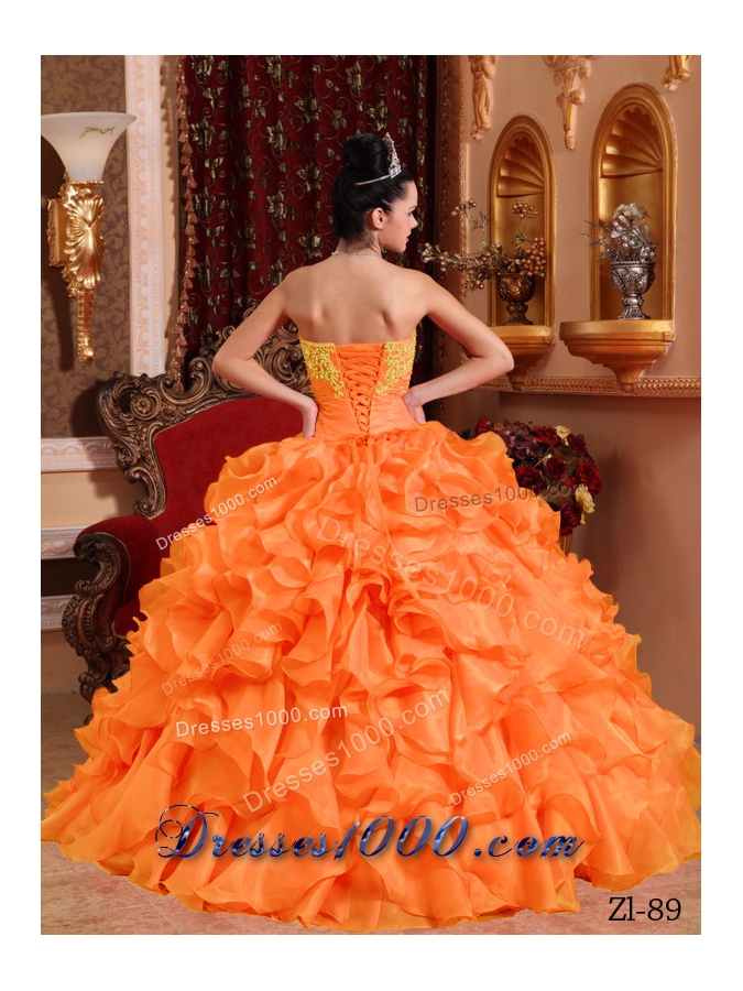 Puffy Orange Red Quinceanera Dress with Ruffles and Appliques