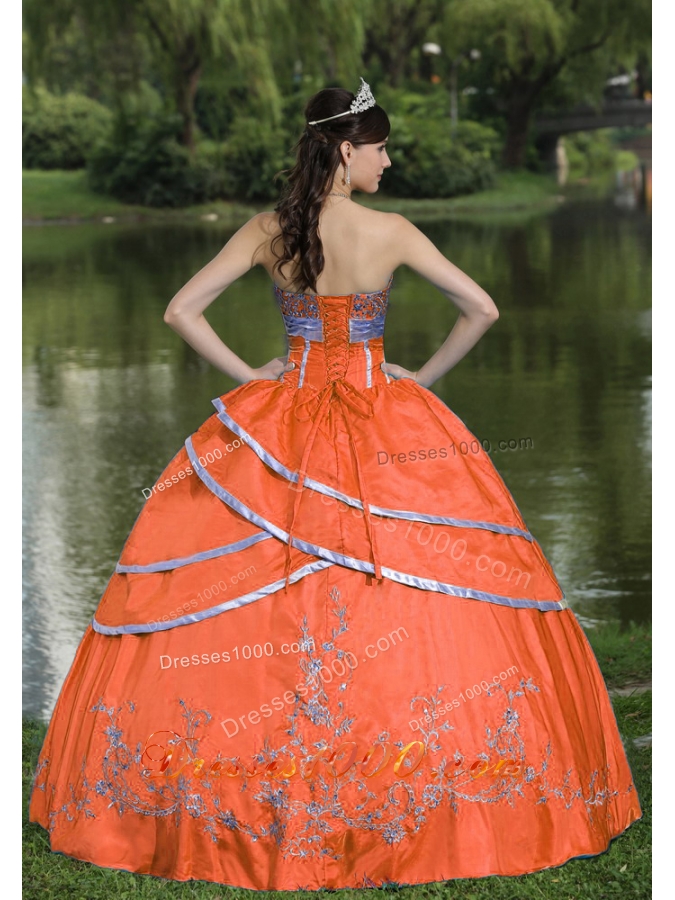 Puffy Orange Red Quinceanera Gown Dresses with Embroidery