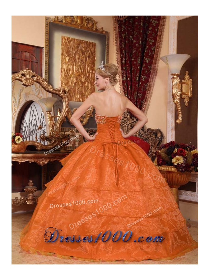 Puffy Strapless Orange Red Puffy Quincenera Dresses with Appliques