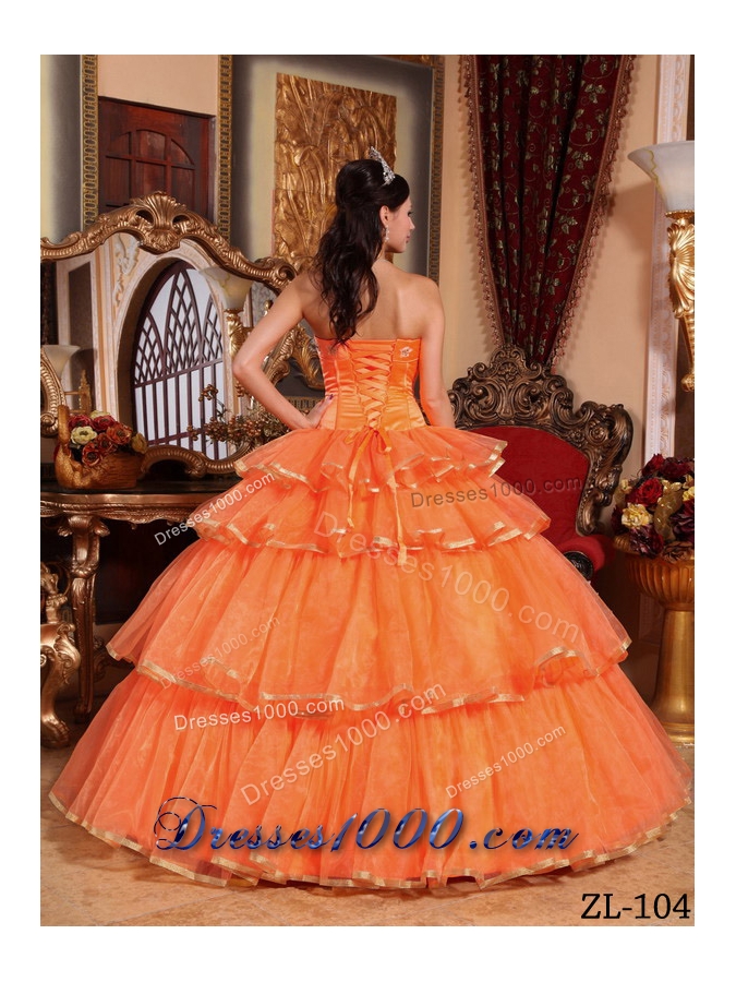 Strapless Orange Red Quinceanera Dresses with Organza Ruffles