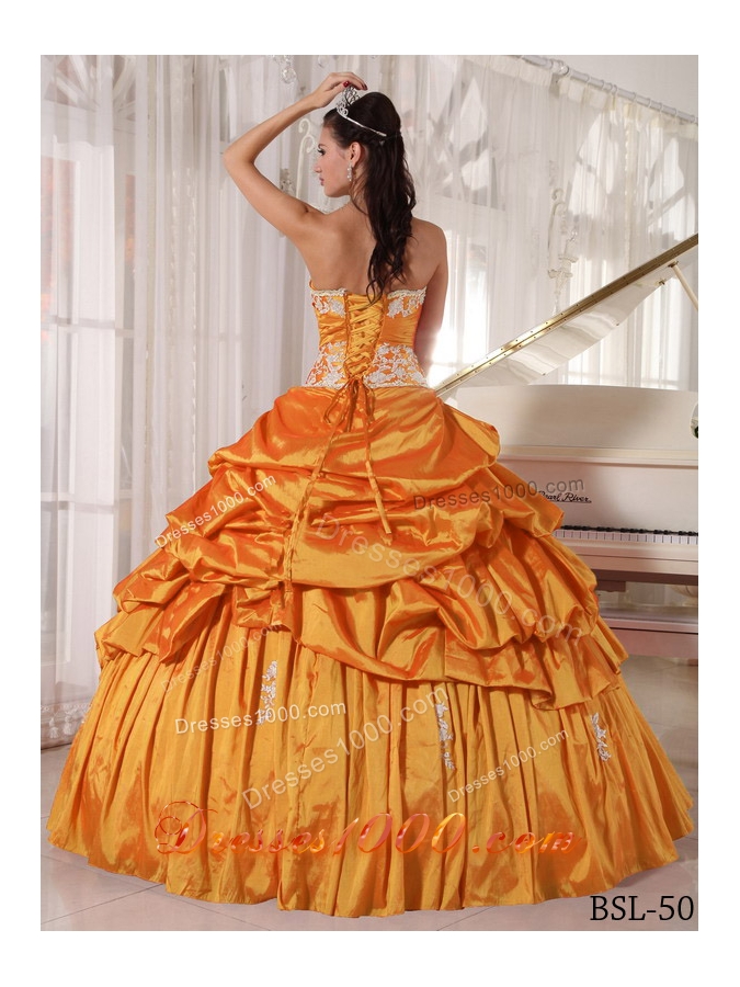 Sweetheart Orange Puffy Quinceanera Dresses Appliques and Pick-ups