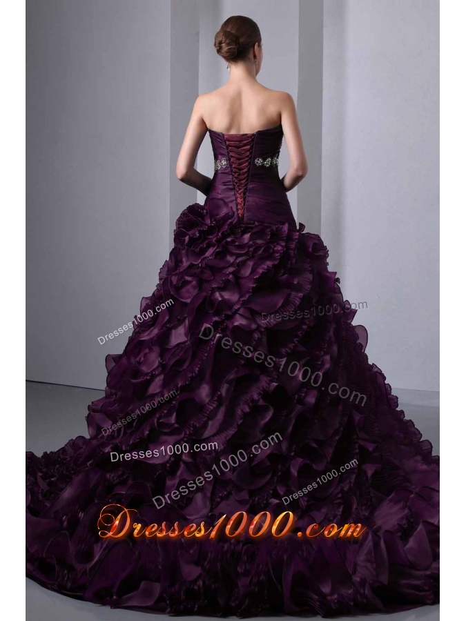 2014 Beautiful Princess Strapless Brush Train Beading and Ruching Quinceanea Dresses