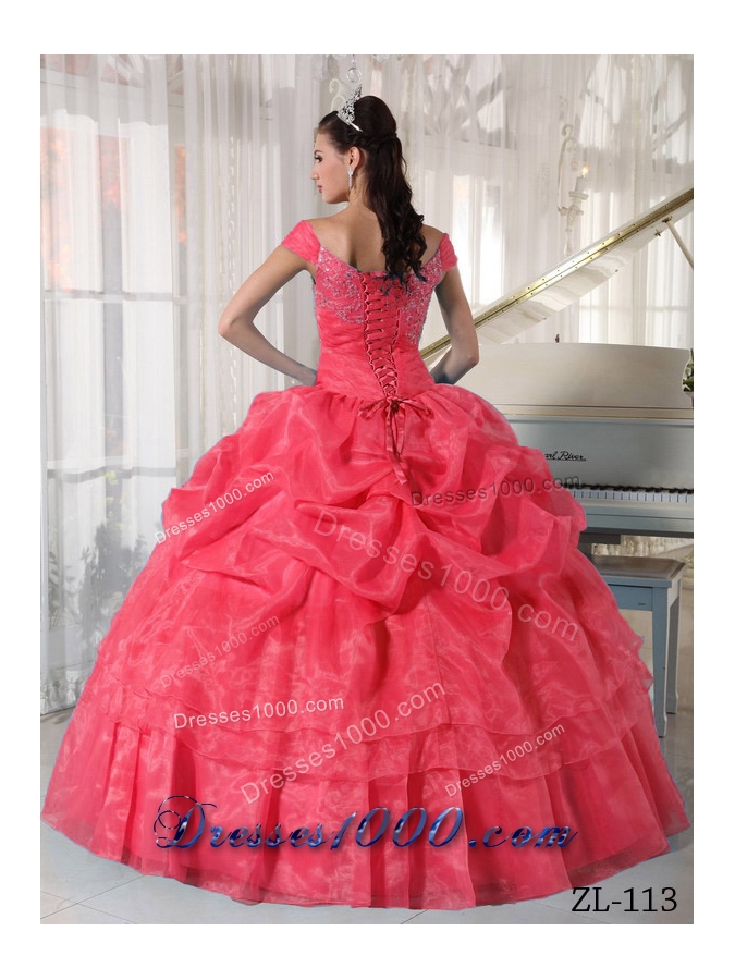 2014 Cute Watermelon Ball Gown Off The Shoulder Quinceanera Dress with Beading and Pick-ups