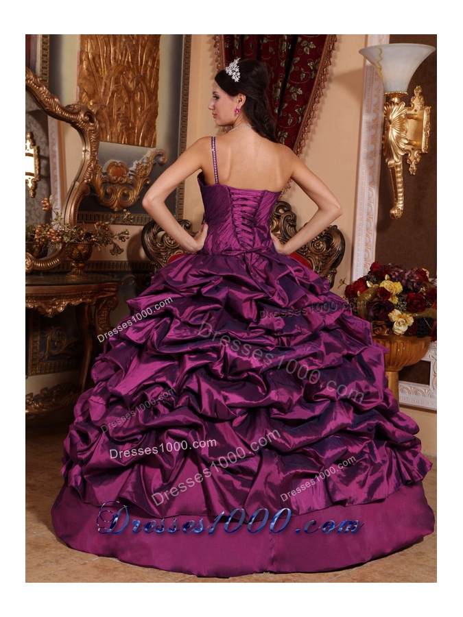 2014 Dark Purple Puffy One Shoulder Pick-ups Quinceanera Dress with Beading
