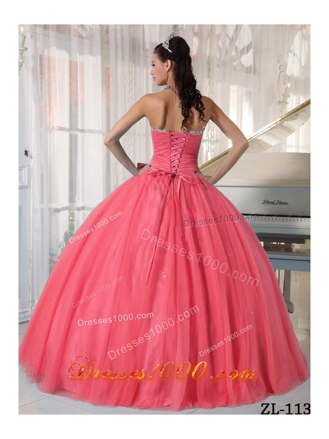 2014 Exclusive Watermelon Puffy Sweetheart Quinceanera Dress with Beading and Bowknot