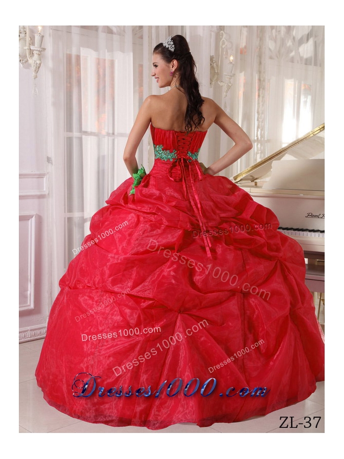 2014 Fashionable Red Puffy Sweetheart Appliques Quinceanera Dress with Pick-ups
