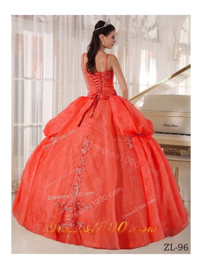 2014 Lovely Rust Red Puffy Spaghetti Straps Appliques Quinceanera Dress with Pick-ups