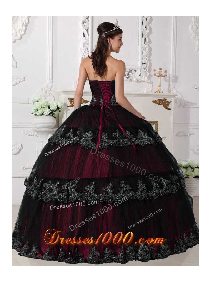 2014 Modest Puffy Strapless Appliques Quinceanera Dresses with Ruffled Layers