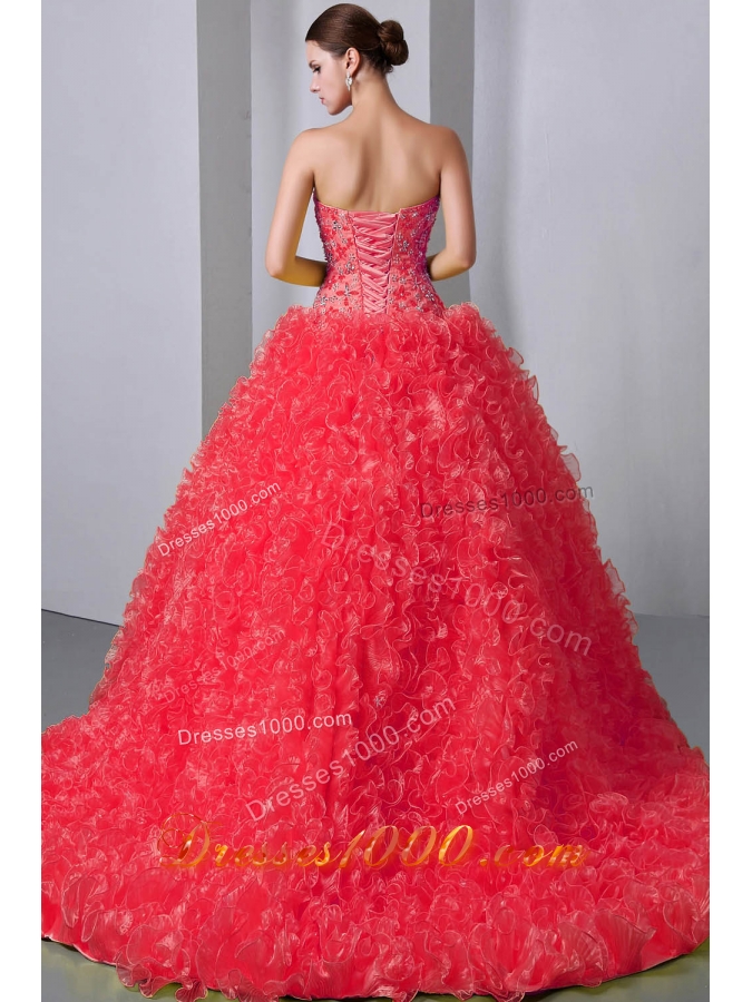 2014 New Style Watermelon Princess Sweetheart Brush Train Beading and Ruffles Quinceanea Dress