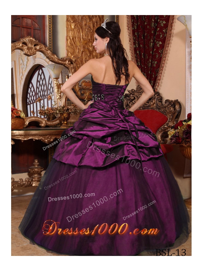 2014 Purple Puffy Strapless Beading Quinceanera Dresses with Pick-ups