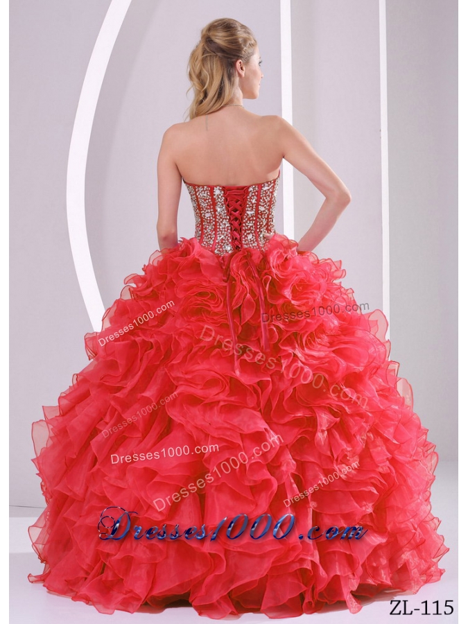 2014 Ruffles Puffy Sweetheart Beaded Decorate Quinceanera Dresses in Coral Red