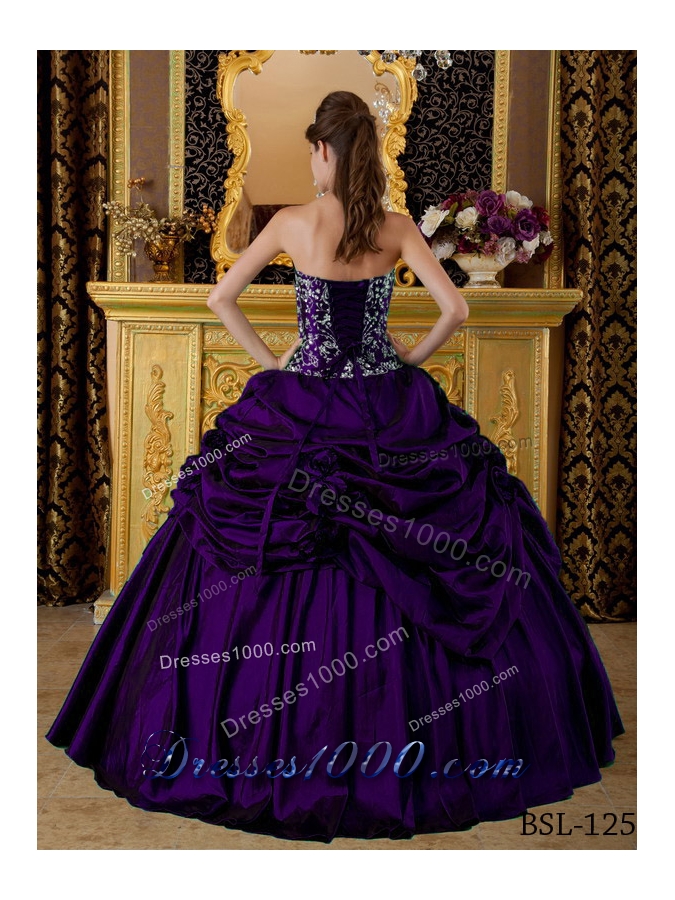Dark Purple Puffy Sweetheart Embroidery Quinceanera Dresses with Pick-ups