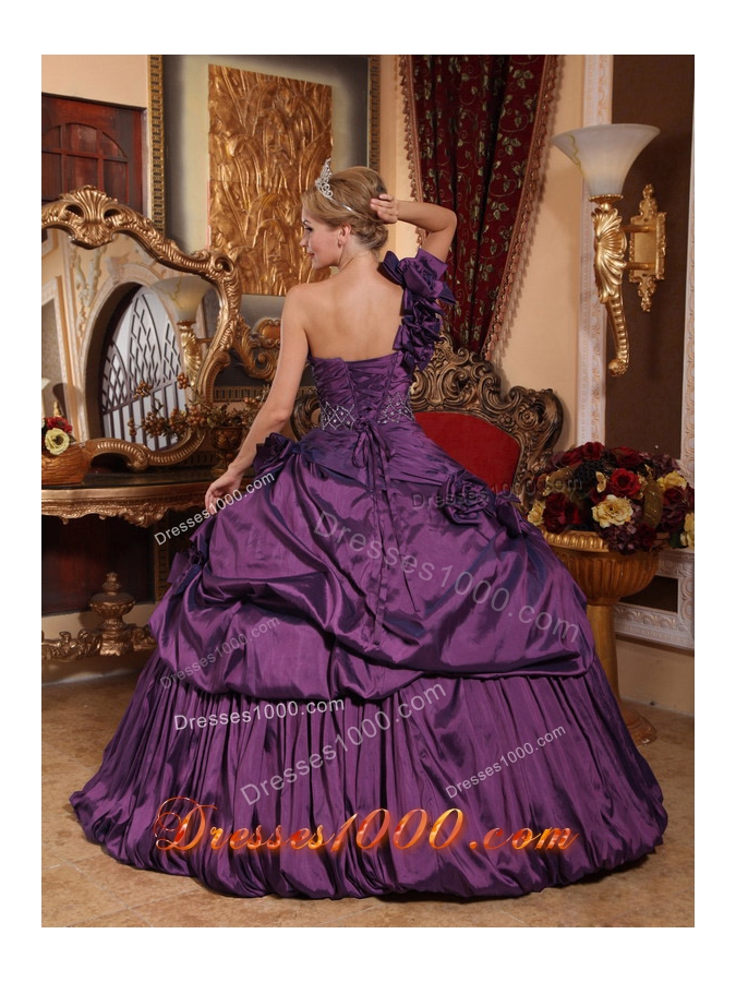 Exclusive Purple Puffy One Shoulder Beading 2014 Quinceanera Dresses