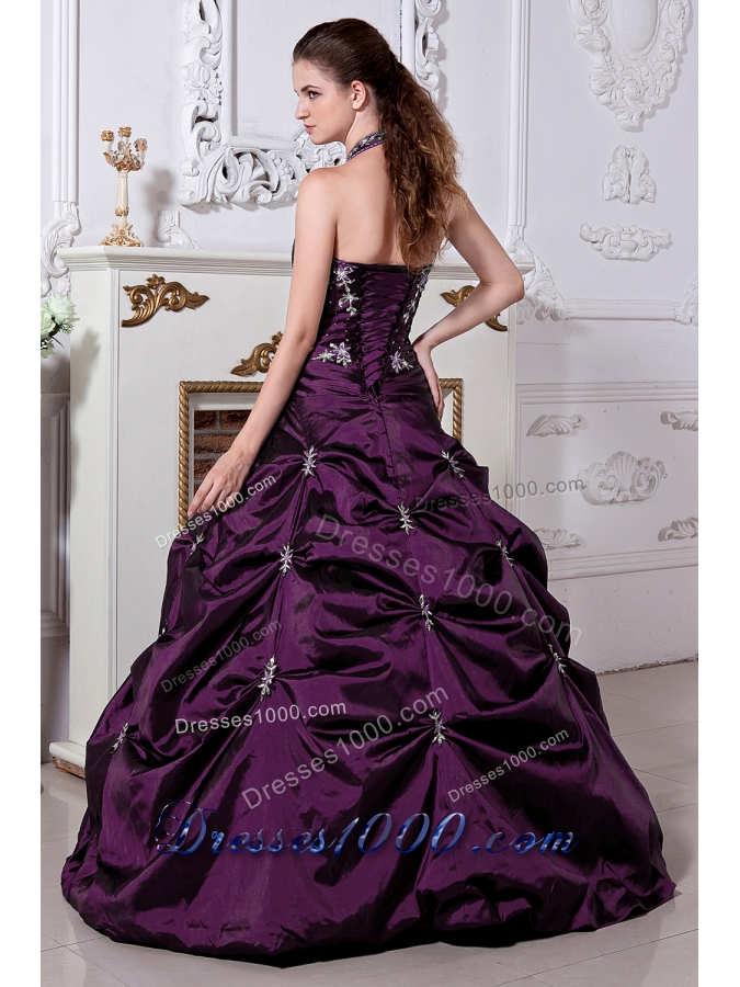 Gorgeous Eggplant Purple Princess Halter Embriodery Quinceanera Gowns with Pick-ups