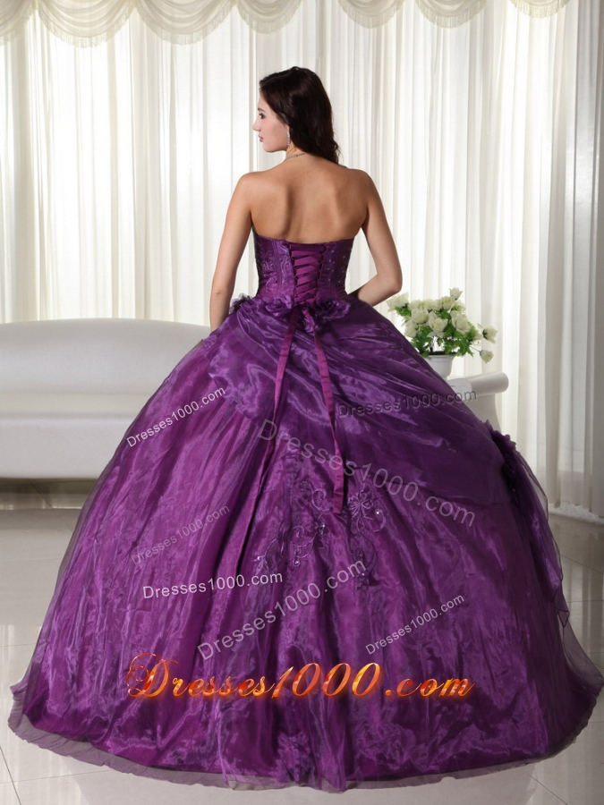 Purple Puffy Strapless 2014 Beading Quinceanera Dresses with Hand Made Flowers