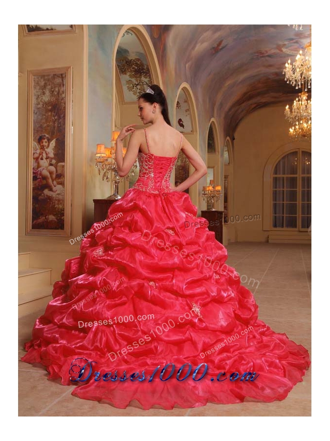2014 Coral Red Puffy Spaghetti Straps Embroidery Quinceanera Dress with Pick-ups