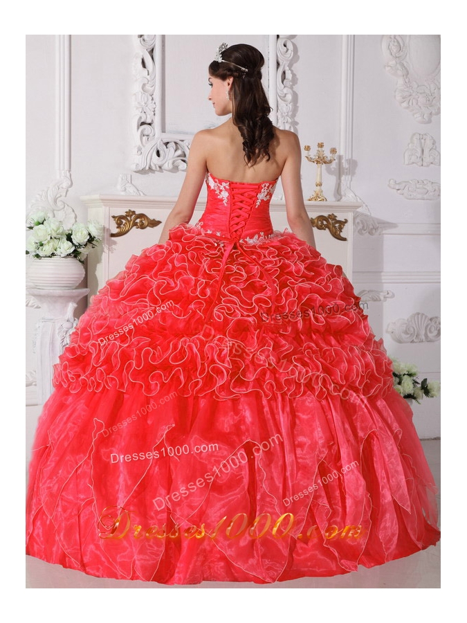 2014 Coral Red Puffy Strapless Embroidery Quinceanera Dress with Beading