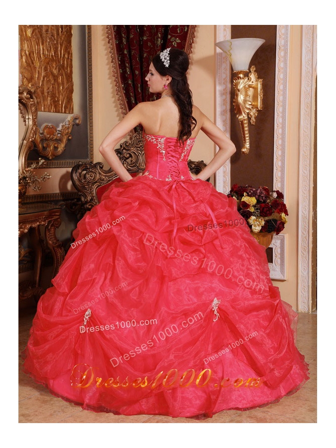 2014 Coral Red Puffy Sweetheart Beading Quinceanera Dress with Pick-ups