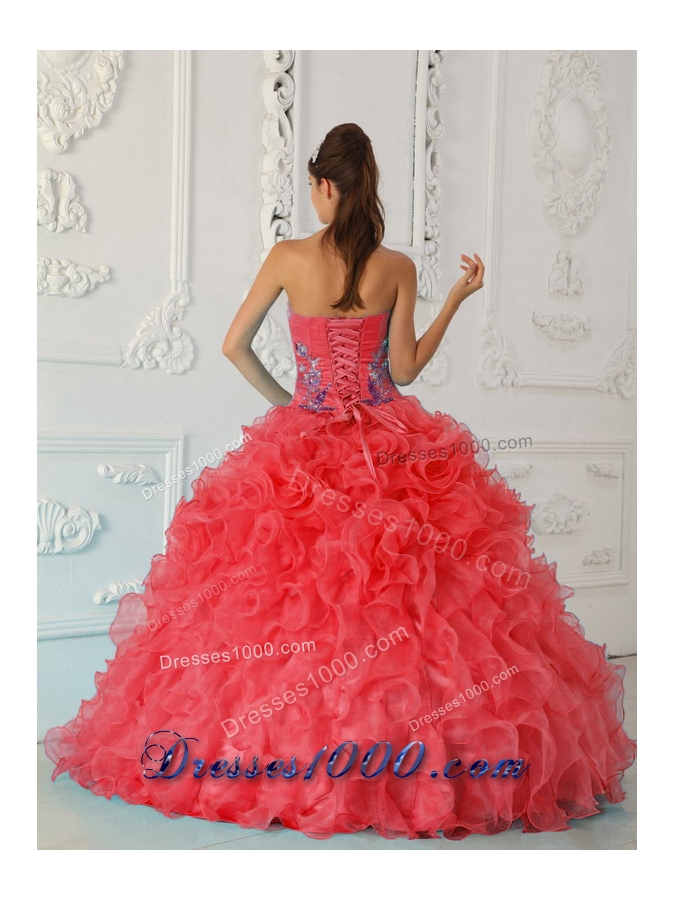 2014 Exquisite Puffy Strapless Embroidery Red Quinceanera Dress with Ruffles