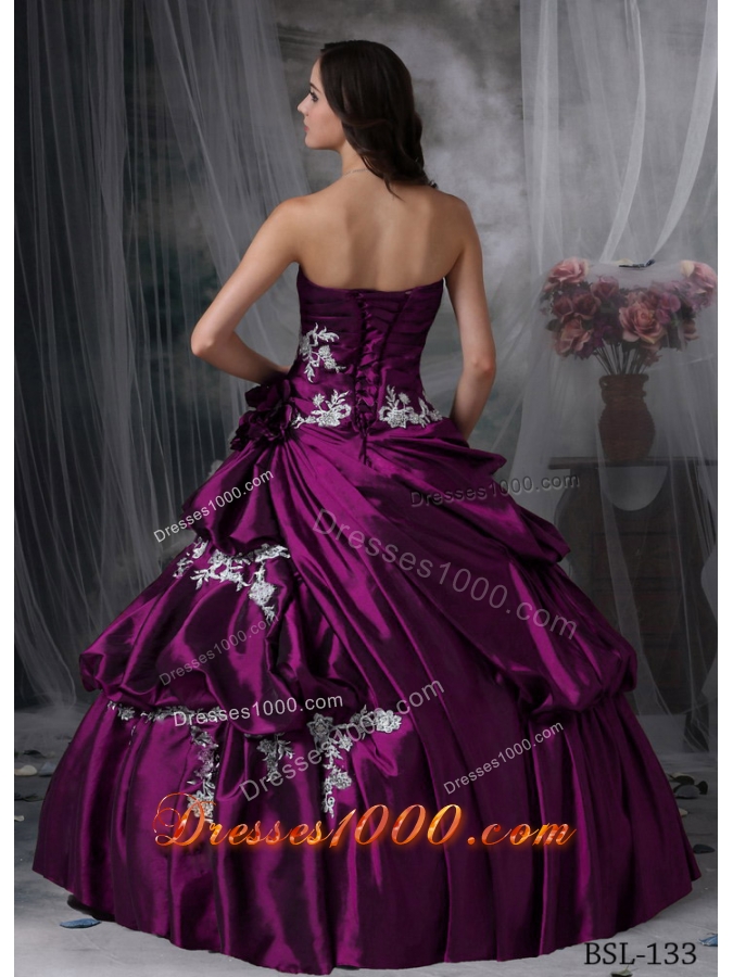 2014 New Style Puffy Strapless Appliques Quinceanera Dresses with Hand Made Flower