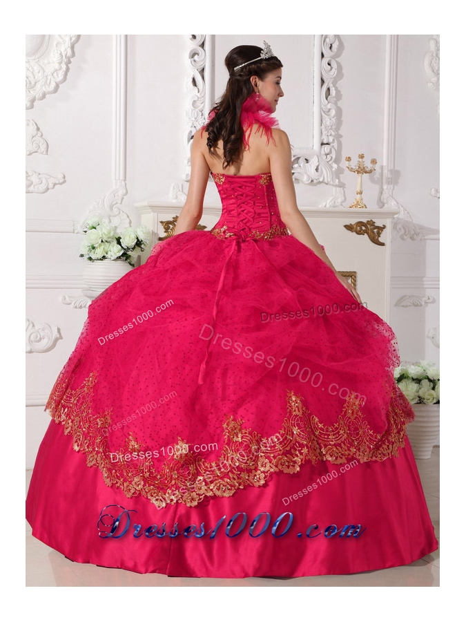 2014 Popular Coral Red Puffy Halter Beading and Appliques Quinceanera Dress