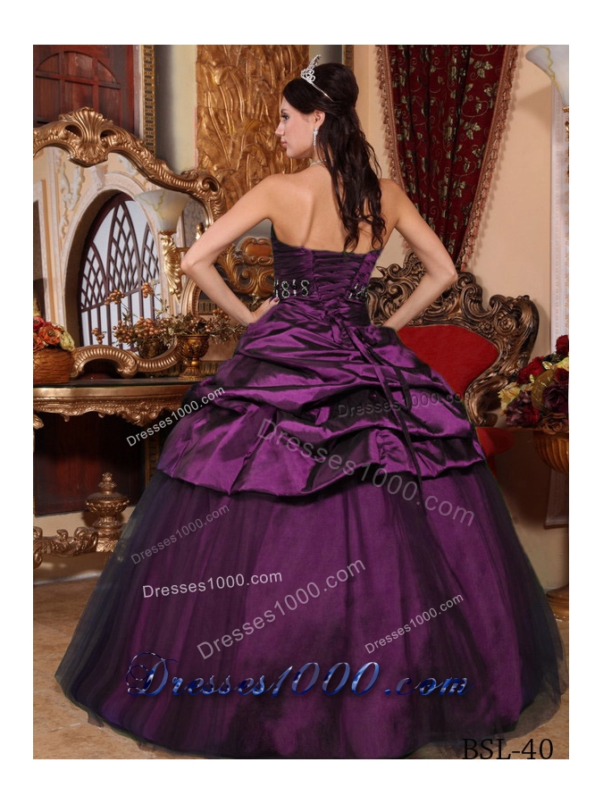 2014 Popular Dark Purple Puffy Strapless Beading Quinceanera Dresses with Pick-ups