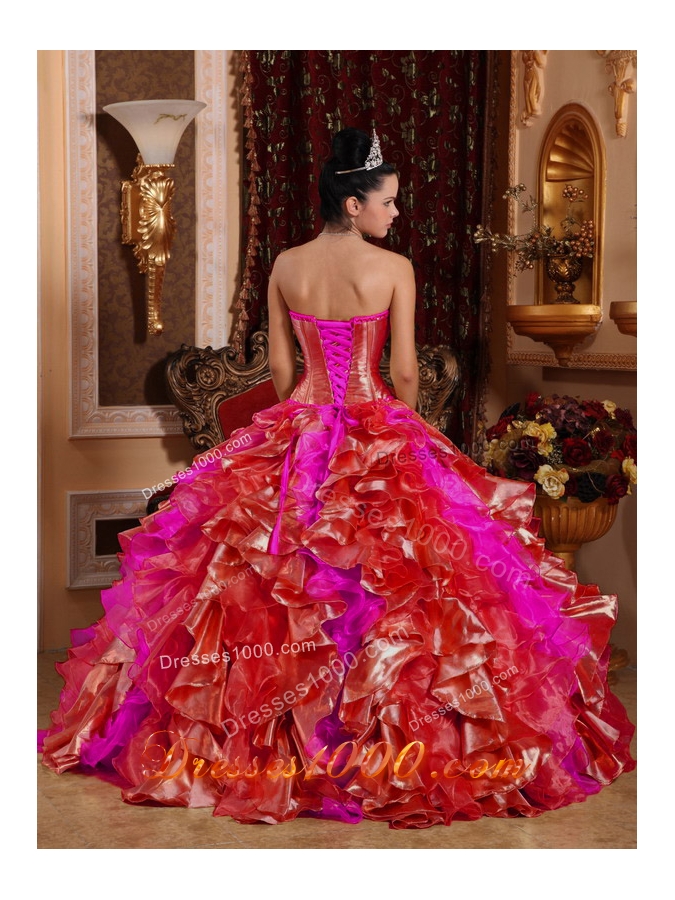 2014 Puffy Strapless Ruffles and Embroidery Red Sweet Sixteen Dress with Ruffles