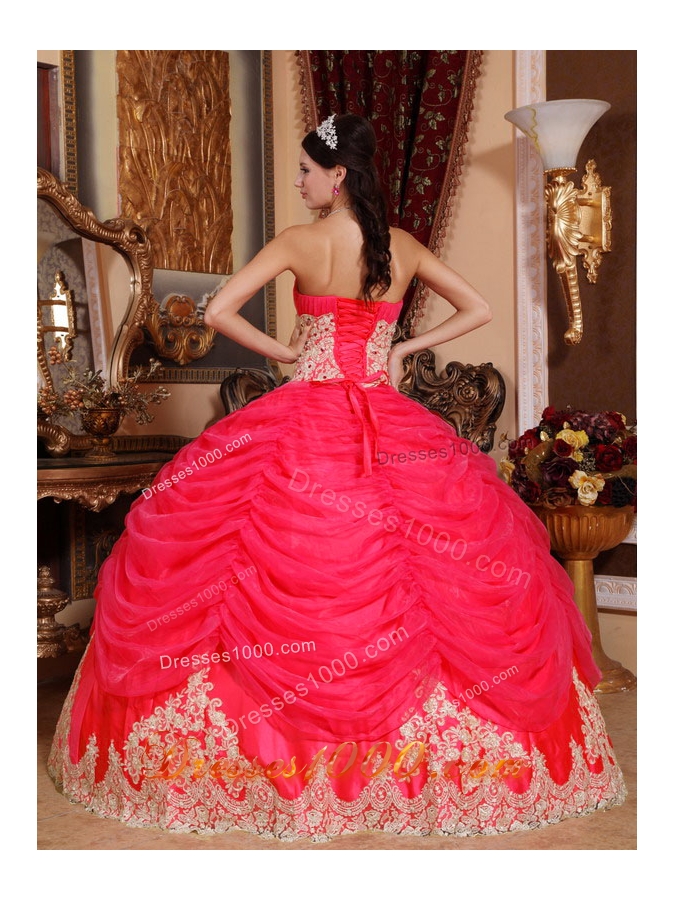 2014 Sweet Coral Red Puffy Strapless Beading Quinceanera Dress