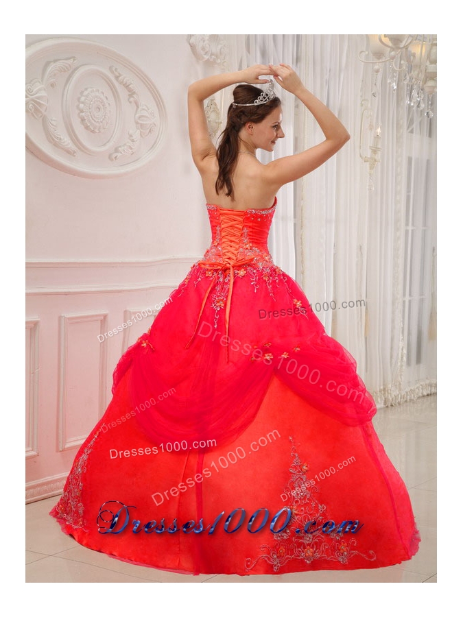 Coral Red Ball Gown Strapless Appliques Quinceanera Dress with Beading