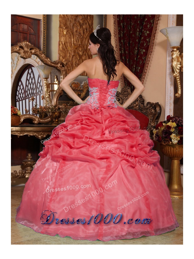 Coral Red Puffy Strapless Appliques for 2014 Quinceanera Dress with Beading