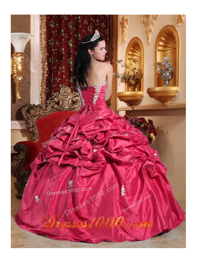 Lovely Coral Red Puffy Strapless for 2014 Appliques Quinceanera Dress with Pick-ups