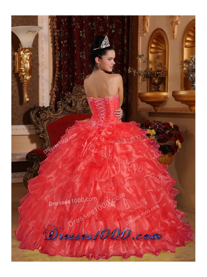 New Style Coral Red Puffy Strapless for 2014 Beading Quinceanera Dress with Ruffles