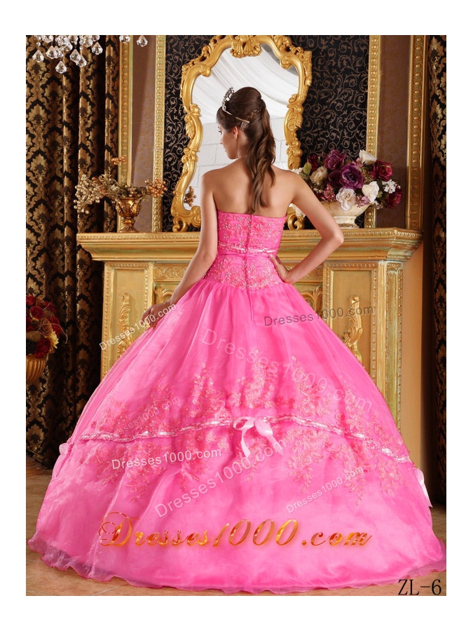 New Style Strapless Appliques Organza Rose Pink Quinceanera Gowns