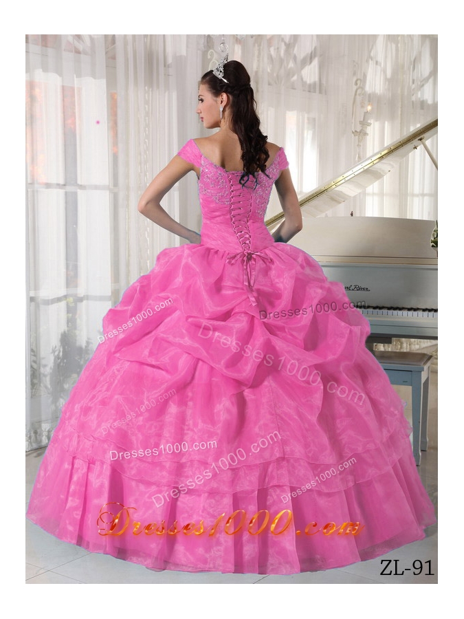 Off The Shoulder Organza Rose Pink Quinceanera Dress with Beading