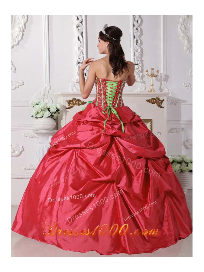 Pretty Red Puffy Strapless Beading and Hand Made Flowers for 2014 Quinceanera Dress with Pick-ups