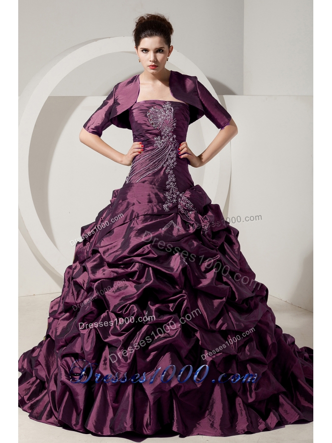 Purple Princess Strapless Brush Train Quinceanera Dresses with Beading and Pick-ups