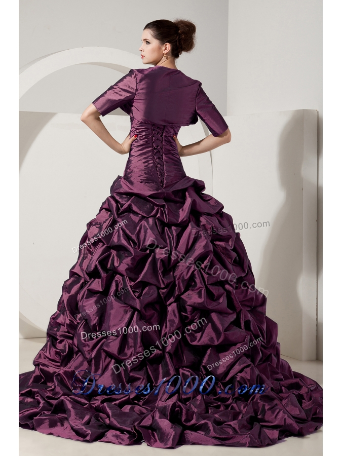 Purple Princess Strapless Brush Train Quinceanera Dresses with Beading and Pick-ups