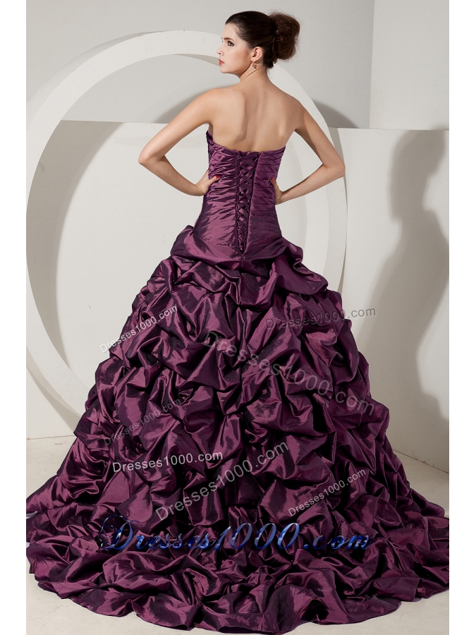 Purple Princess Strapless Brush Train Quinceanera Dresses with Beading and Pick-ups