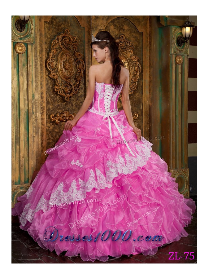 Rose Pink Princess Strapless Organza Sweet 15 Dresses with Ruffles