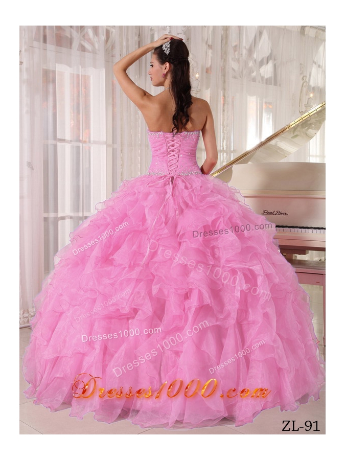 Rose Pink Strapless Organza Puffy Sweet Sixteen Dresses with Beading and Ruffles