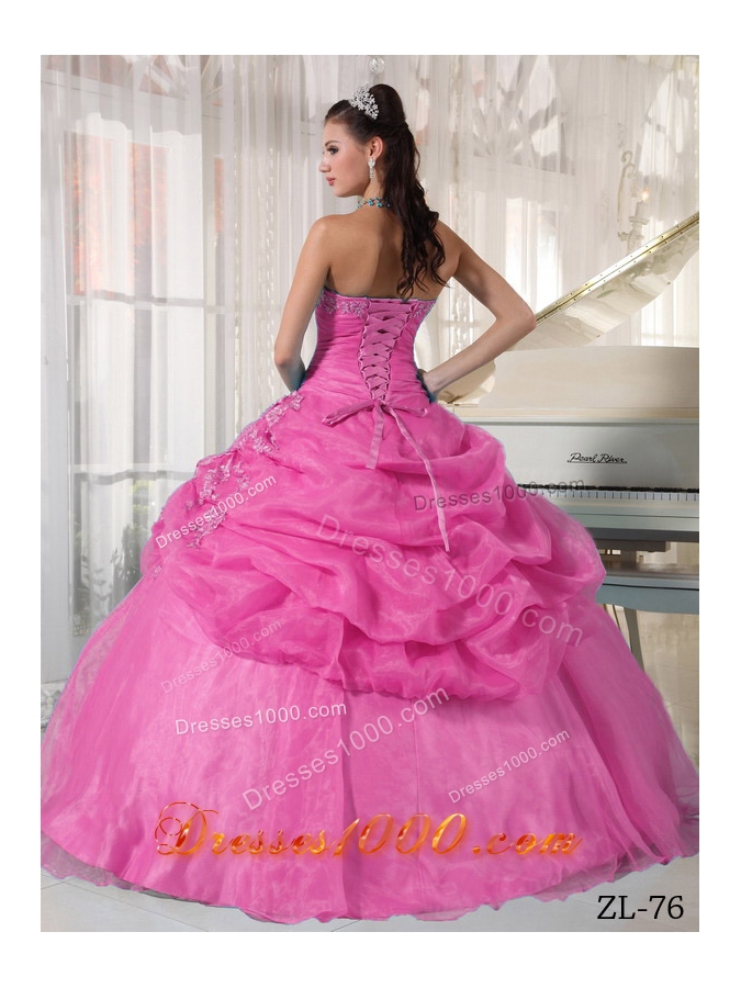 Rose Pink Strapless Organza Quinceanera Dress with Appliques and Pick-ups