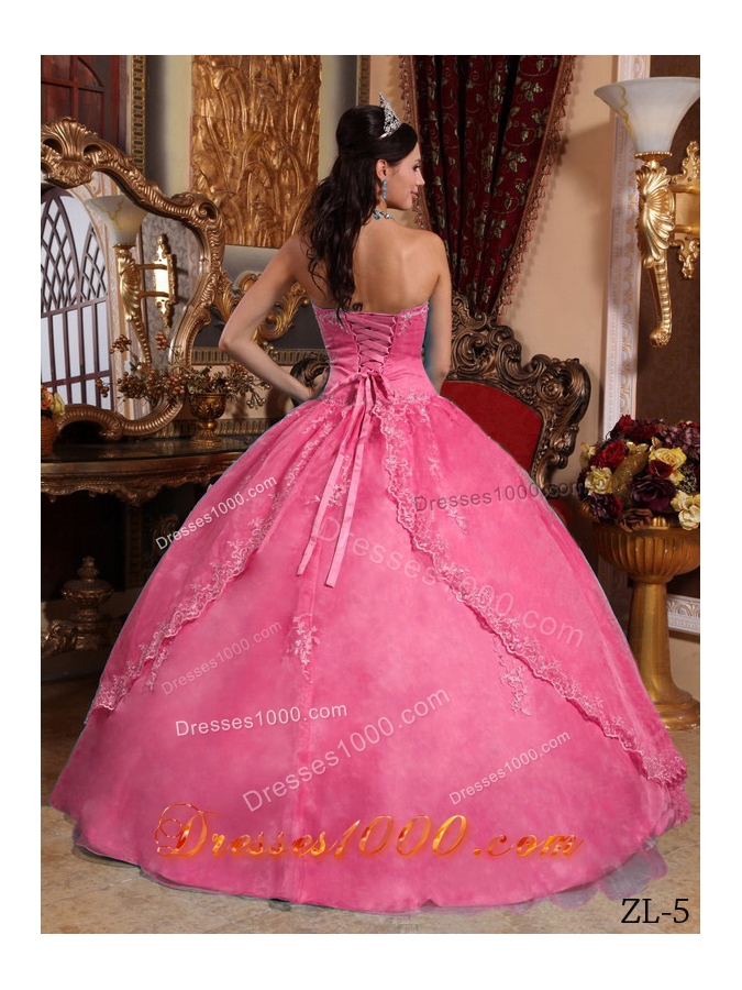 Rose Pink Strapless Organza Sweet 15 Dresses with Appliques