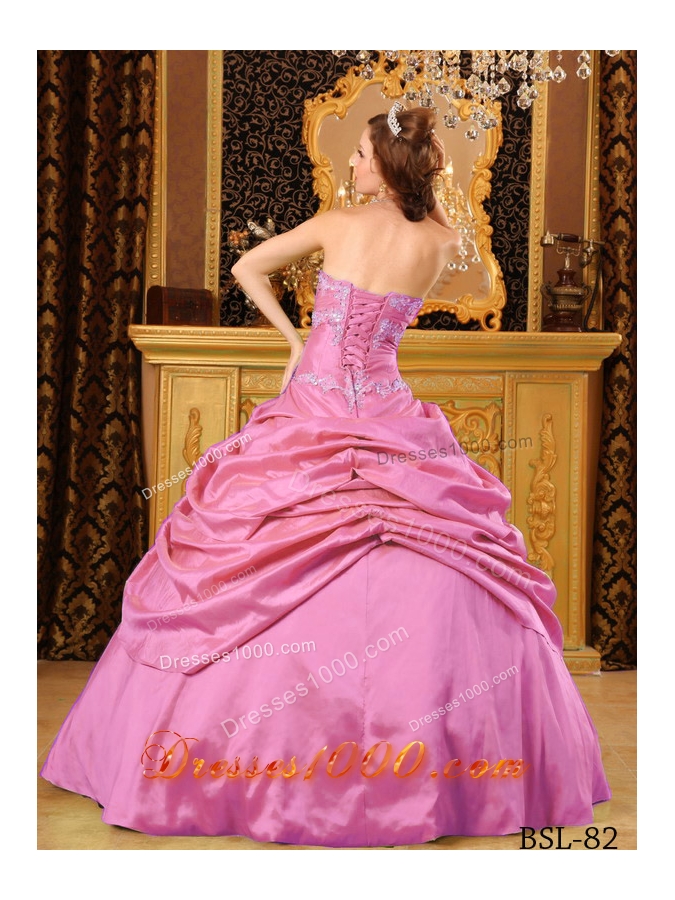 Rose Pink Strapless Taffeta Sweet Sixteen Dresses with Appliques