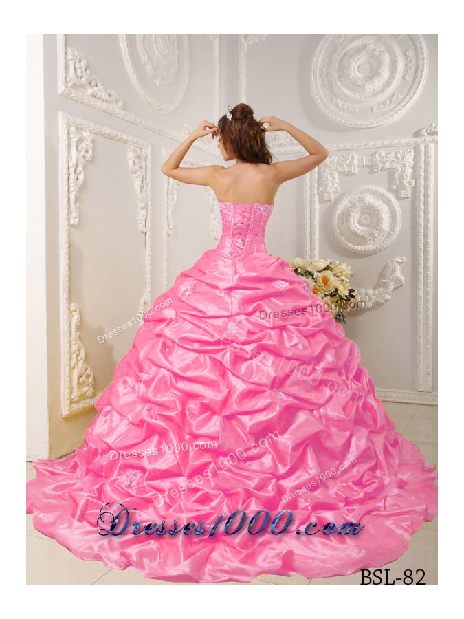 Strapless Court Train Rose Pink Quinceanera Gowns with Appliques and Pick-ups