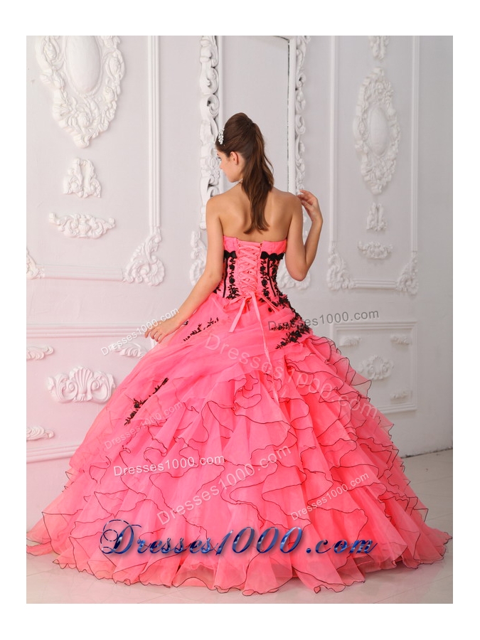 Sweet Puffy Strapless Appliques and Ruffles Coral Red for 2014 Quinceanera Dress