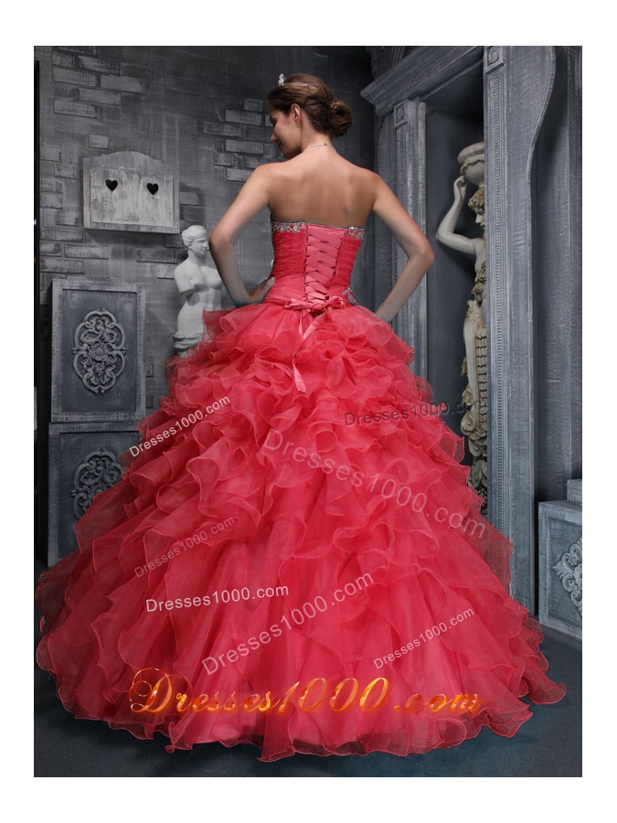 2014 Hot Sweetheart Beading and Appliques Red Quinceanera Dress with Ruffles