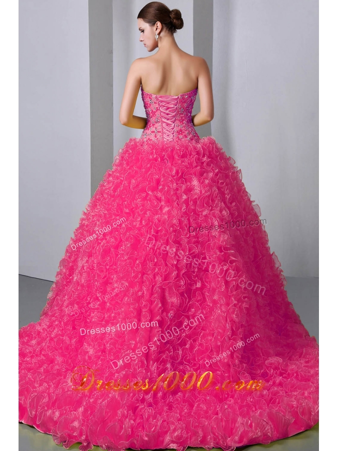 2014 Pretty Beading Quinceanea Dress in Hot Pink Princess withRuffles