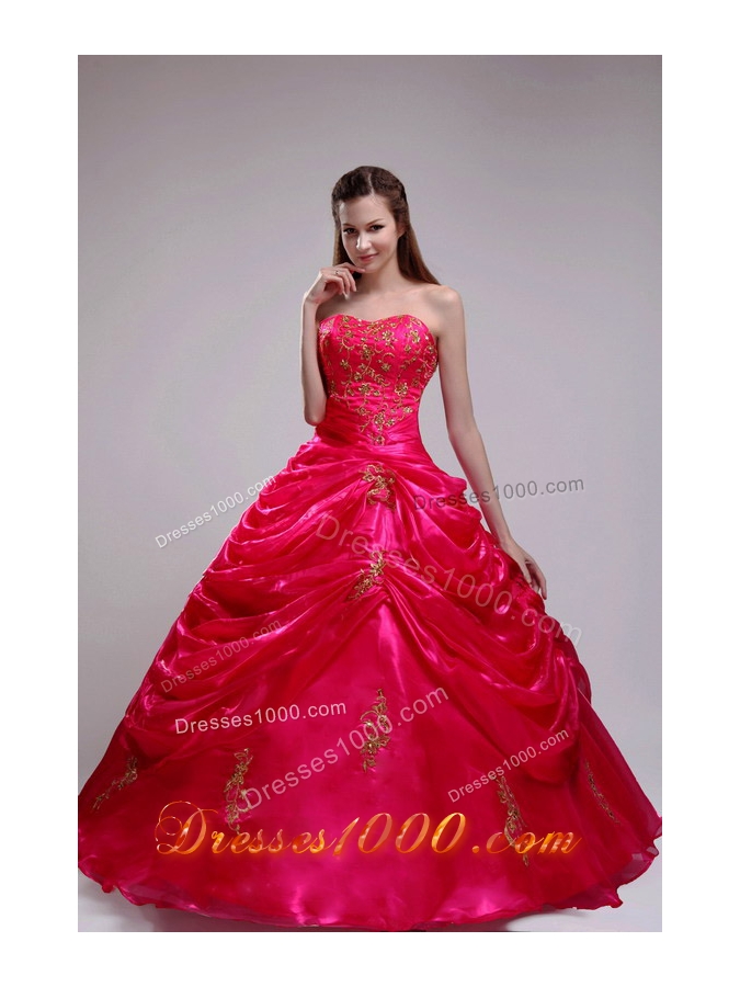 2014 Pretty Red Puffy Strapless Applqiues Quinceanera Dress with Pick-ups